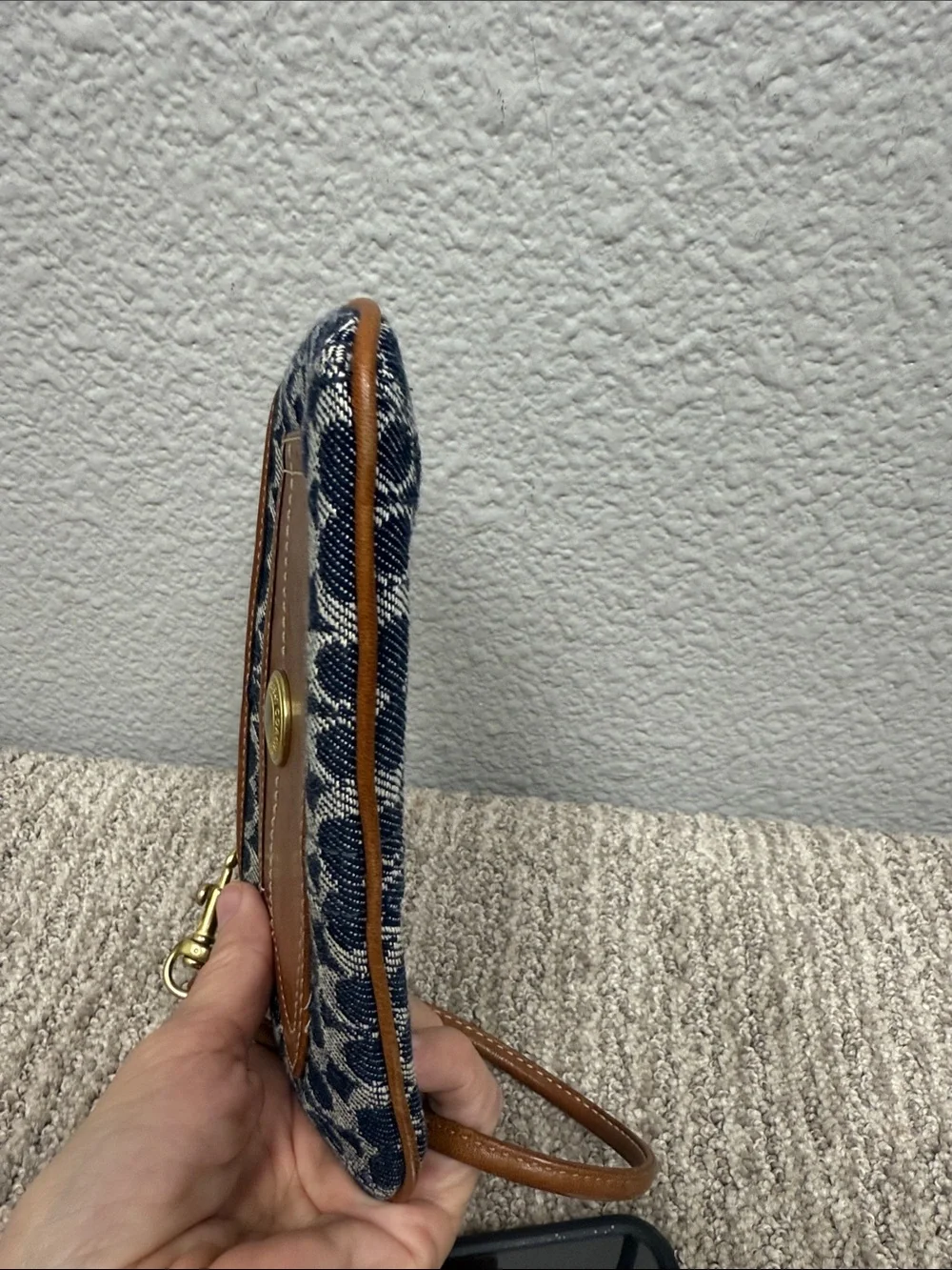Vintage Coach Signature Blue Bleeker Tattersall and Brown Leather Wristlet